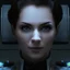 Placeholder: beautiful female captain, high tech, sci fi, brown eyes, pale skin, blue high tech outfit
