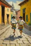 Placeholder: 2 maxican childeren running traditional clothes painting neoclassism in a traditional mexican city from the back