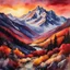 Placeholder: A dramatic watercolor rendering of a sunset over the mountains in late autumn, use radiant colors in red and orange hues, hyperrealism, vibrant colors, the image should evoke a feelings of serenity and peace