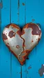 Placeholder: A rusty metallic heart yet in details with on blue background