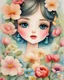 Placeholder: Painting of a beautiful girl, vintage, close-up face, watercolor, watercolor painting, by Jeremiah Ketner, flowers, 20 years old, 1955, pretty face