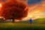 Placeholder: One Oak tree,on a valley,blue deep sky, Colourful meadow,and a man in red staring at the sunset,details,texture,8k quality, 100 meters snapshot, Expressionism