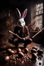 Placeholder: horror figure in rabbit mask sitting on the floor and shatters chocolate eggs with a big hammer, crepy, volumetric light, dark colors, surreal dark mood, cinematic