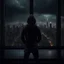 Placeholder: A man in a black hoodie, seeing the city through the window, dark room with floor to ceiling glass windows overlooking a skyscraper city at night, thunderstorm outside with torrential rain, detailed, high resolution, photo realistic, dark, gloomy, moody aesthetic, intricate details, unreal engine 5, perfect lighting, muted tones, amazing photo.