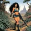 Placeholder: #5 Original coloured Art by Sam Keith and Bernie Wrightson Vortex Comic, 1988: tattooed Julie Strain in action, standing in the middle of the badlands jungle surrounded by luxuriant flora - Heavy Metal F.A.K.K.2 her machine-gun in hand