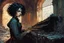 Placeholder: create a young vampire girl with short cropped curly black hair, playing piano in a ruined Renaissance parlor, in the graphic novel style of Bill Sienkiewicz and Jean Giraud Moebius, highly detailed facial features, grainy, gritty textures, dark and foreboding