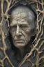 Placeholder: surrealis monochrome A fragmented, surreal sculpture liguid color of photorealistic image 3d,psychedelic art of an old man face glossy emerging from dreamlike a crumbling building. The face appears pale with deep cracks and intricate details, evoking a haunting expression. Blackened tree branches intertwine with the gold mengkilat cracks, set against a backdrop of stormy, cloud-filled skies. bauhaus art The overall tone is dark and moody, suggesting themes of decay and transformation. Include
