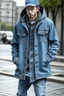 Placeholder: Man's long gridle light blue jeans coat with hood