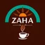 Placeholder: A circular logo with the name (ZAHA) designed for a cafe with the sun symbol and turquoise and indigo color and a coffee bean and a coffee cup at the bottom of the logo.