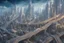 Placeholder: detailed alien cityscape, buildings with balconies, tracks, roads, paths, river, blue sky, white clouds