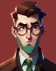 Placeholder: Fit man in round glasses, wavy hair, stubble,no beard, slim, tie, monotone, green eyes, comic book style, two tone colours, detailed, ink, realistic, handsome, square jaw, big brows, no jacket, bird on the shoulder, spotlight