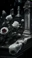 Placeholder: A grave above it a white lace scarf and blood on it. and white roses. Cinematic picture dark mood