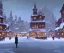 Placeholder: A magical town square with canals for warlocks and witches in snowy Christmas