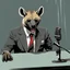 Placeholder: Hyena in a suit and tie, as an announcer sitting at the transmission table with a microphone presenting a newscast. Banksy cómic style. Ultra quality