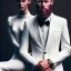 Placeholder: close-up portrait, 8K, a Highly detailed stunning image of Dom man with a submissive woman, woman sitting, a white suit, beard, and short hair,