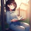 Placeholder: anime girl sitting on a porch swing of an old house, journaling, wearing pajamas, writing in a book, shes watching it rain, more detail on hands and her face,shes deep in her thoughts, wearing glasses, rain drops