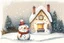 Placeholder: Christmas illustration, whimsical, detailed, warm colors, grainy texture, subject: snowman in a snowy garden, house with lights, white background