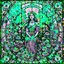 Placeholder: Stained Glass Art Nouveau art style A beautiful as a model asian woodland elf princess who looks like a young Lucy Liu seated on a throne surrounded by poppies and marijuana leaves in a mystical forest, photo-realistic