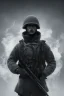 Placeholder: All black German soldier, head made out of white smoke, dark, rage, sorrow, high definition, ultra 8 k, volumetric lighting, blue fire, fog