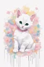 Placeholder: A playful kitten, adorned in a dainty floral dress, surrounded by a sea of pastel colors on a blank white canvas, with bold black lines and precise outlines.