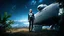 Placeholder: A full-body photorealistic image of an adventurous older woman from the future, dressed in a tailored, full-body spacesuit, stands proudly beside her huge cargo spaceship, no wings, standing on a metal box. Her untidy, blond hair has bangs, standing in a jungle clearing. The scene is framed by a cosmic expanse of stars and nebulas.