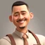 Placeholder: a portrait of smiling man. indonesian. carricature. black hair. buzz cut hair. brown skin. black eye pupils. round face shape. a bit small goatee & moustache. semi formal dress. pixar style. 3D. 4k. portrait. highly detailed. sharp focus. high resolution. full color. cinema lighting