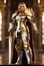 Placeholder: Beautiful super model pretty girl suit mighty paladin stands tall, adorned in gleaming silver armor with intricate gold engravings. The armor is both regal and functional, providing protection while exuding an aura of righteousness.Style:photography