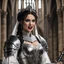 Placeholder: portait of a menacing bride in revealing bloody heavy armour, she holds a wedding rapier, she sticks out her tongue, shows her fangs and gives the finger [scene in a cathedral]