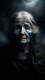 Placeholder: Mourning in dephts of ocean , a halo face of old woman with a smoky clouds in dark gloomy foggy background with very small dem light