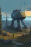 Placeholder: simon stalenhag-esc landscape with a large creepy wrecked robotic