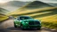 Placeholder: Cross between Ford mustang and bentley, on a road of green hills in morning
