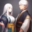 Placeholder: Girl with white hair. Boy with black hair wearing peasant clothes. Wilderness path background