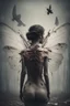 Placeholder: a haunting image of a woman with insect wings protruding from her back as she faces away from us, in despair and pain, her wings that are broken torn and crumbling