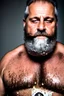 Placeholder: extreme close up photography, dirty burly chubby sicilian ugly strong 55 years old redneck man with the tongue out , full of splashing milk in the face dripping on the beard, with dirty tank top, emotional eyes, manly chest, photo, Canon EOS, lens 35mm, natural lights, 8K, in the morning -