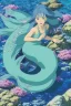 Placeholder: a beautiful mermaid with blue hair and shimmering tail, rock, calm water, fish, beautiful colors, fine detail, high quality, seashell, octopus,