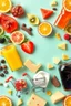 Placeholder: A design filled with various fruit juices, tropical fruit slices, chips, soda, various chocolates, shopping carts, cheese, butter, pasteurized milk, and dairy products in bright, cheerful, and eye-catching colors.