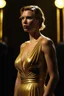 Placeholder: Scarlett Johansson, wearing a gold lame dress with spaghetti straps, standing against a dark background with stage lighting