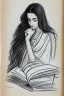 Placeholder: Pencil sketch of Young woman, Arab features,sad, long wavy hair, reading a book, full body، on lined paper