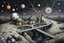 Placeholder: whimsical, weird ball-like houses stand in village in weird whimsical landscape with long bridges, , futur-surreal vibe with abstractions, around surreal cracked painted weird land with dark purple, gray, black, white, brown, and deep colors. style of Chagall , of Minjae Lee and Tim Burton, absurd beauty picture. weird bizarre absurd, nightmare, big neuron network background and thin bridges, surreal cinematic vibe