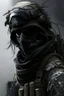 Placeholder: A soldier in the game modern warfare, he wears a solid black creepy helmet that covers his face. He is a sniper, but can also run point. His call sign is Wraith. With him is a woman