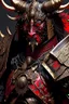 Placeholder: a close up of a person in armor, black bull samurai, minotaur in ancient armor, ornate armor covered in thorns, demon samurai warrior, black and reddish color armor, moon bull samurai, red demon armor, samurai armor, intricate assasin armor, black heavy armor with gold trim, anime fantasy artwork, black and red armor, minotaur warrior, demon samurai