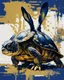 Placeholder: poster in two gradually, a one side Bunny darkblue and other side Turtle gold tones, painting by Yoji Shinkawa,