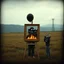 Placeholder: out of place, in a field Picture frame on an easel on fire; boy with a black balloon for a head holding a movie clapboard standing to the side of the easel, ominous radio tower in distance, grainy photograph with areas corrupted, surreal, sinister, profound, dramatic, uncanny valley