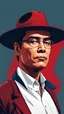 Placeholder: Gustavo Petro, comic style artwork, dark red and blue, wearing a wide-brimmed hat, wearing a white shirt, serious and thoughtful, full body