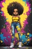 Placeholder: create a colorful abstract graffiti art image 8k of a chibi curvy black female wearing torn jeans pants and a yellow tie dye off the shoulder blouse. Prominent make up with hazel eyes. Highly detailed long tight curly afro in a hair wrap.