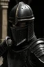 Placeholder: A buff man in black medieval armour and a helmet covering his face