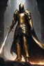 Placeholder: photorealistic holy knight paladin in very dark gold armor and a cape wielding a greatsword and no helmet in abyss