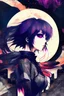 Placeholder: Explosive abstract collage style image of a beautiful anime girl, beautiful hair and features, dramatic, pieces of cloth material, textured moon in background, bob wire, gothic surroundings, textures