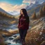 Placeholder: country side ,blue sky , snow on mountains, pretty clouds ,small rocky river with clear water small rocks in floor,wild flowers,beautiful Snow White, long shiny black curvy hair, wearing a burgundy sweater with the word Azerbeyjan written on it, in gold, work clothes, standing, super realistic Fairy lights, intricate detail, texture, depth, vividness, movement, namex, energy, bioluminescence, stunning, epic, ultra-detailed, 8K photography by Miki Asai Macro, close-up, extremely detailed, po