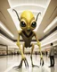 Placeholder: Distorted large yellow insectoid alien black eyes, in a mall, sci-fi art, graphic design, digital illustrated scene, alien art, high strangeness, absurdist, cartoonists